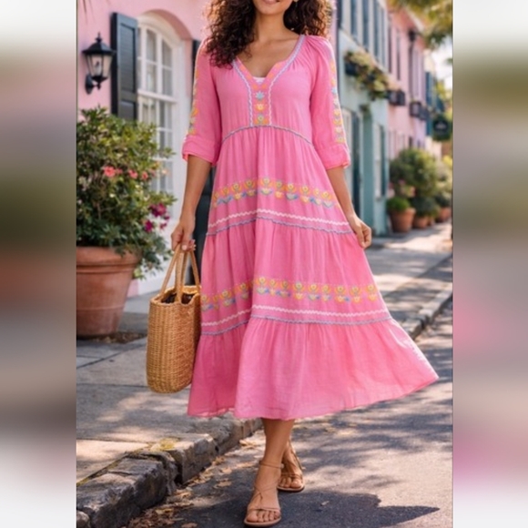 Simply Southern Pink Maxi Dress Bohemian Embroidery Size S - Picture 2 of 10